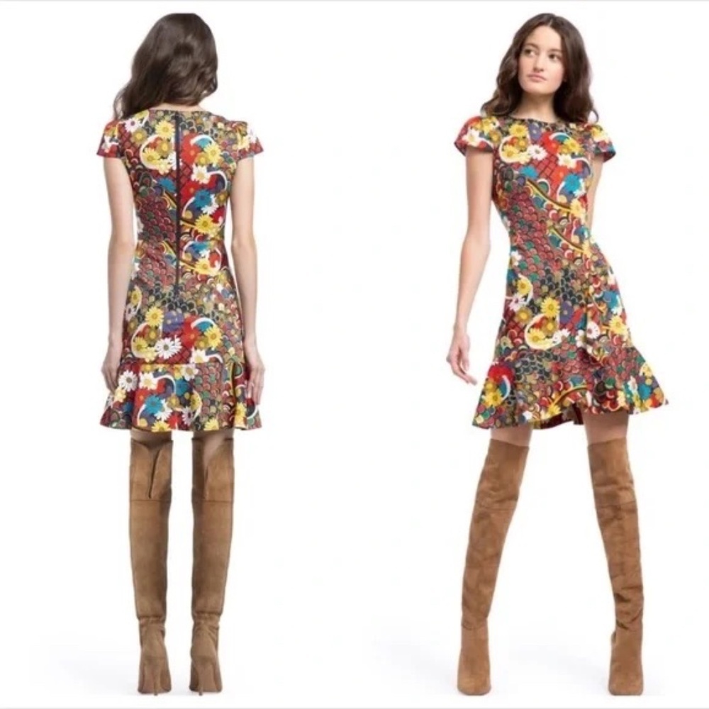 Alice + Olivia Kirby Ruffle Short Sleeve Dress Floral Melody Vibrant Print 10